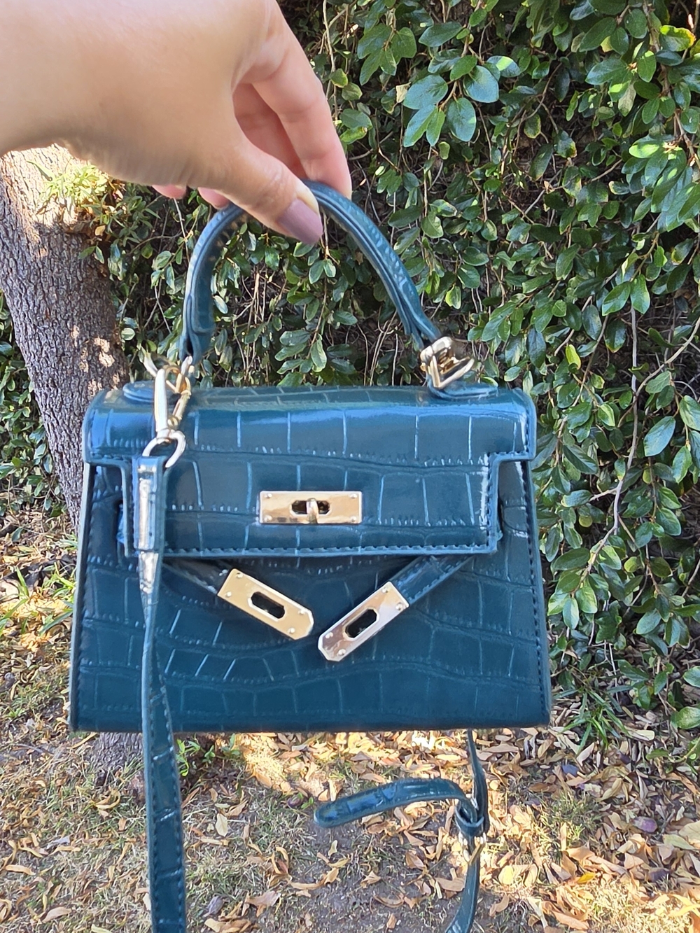 Source Unknown Teal Croc-Embossed Mini Top-Handle Bag with Gold Hardware